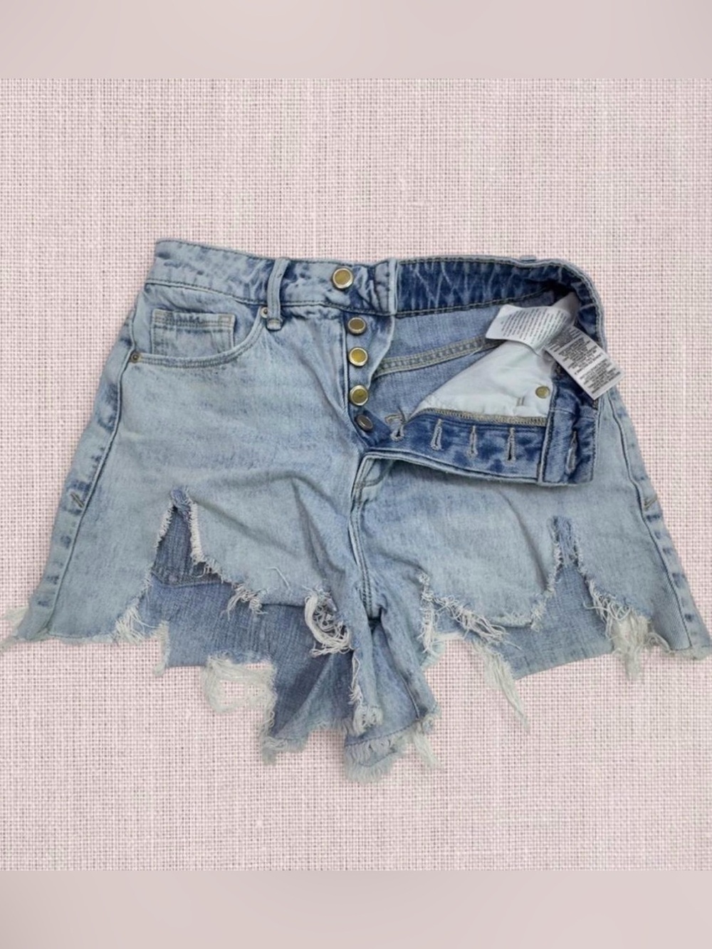Good American Light Blue Distressed Button Fly High Rise Denim Shorts | Size 00